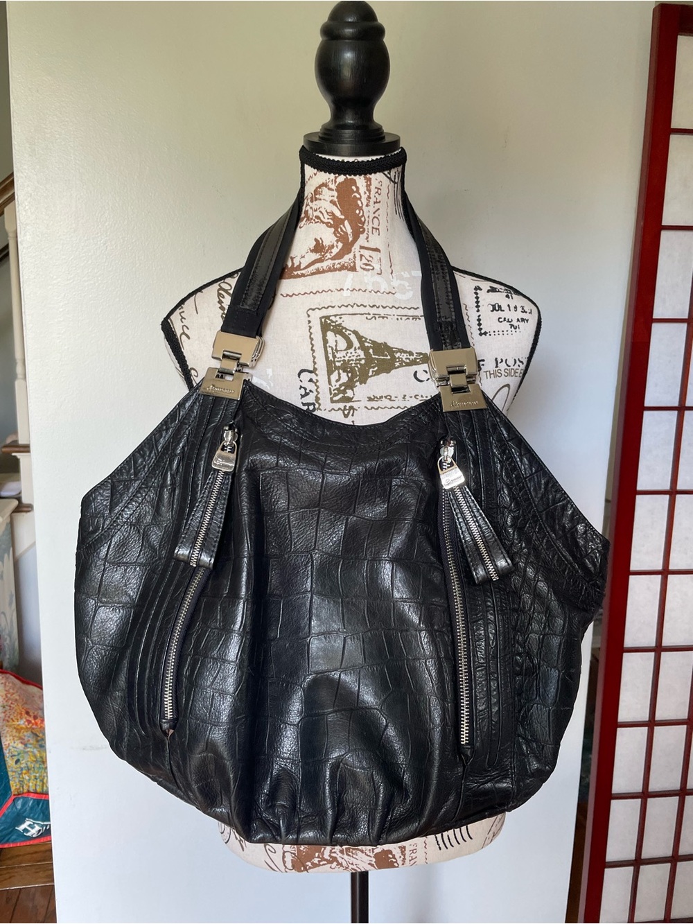 B. Makowsky Black Croc-Embossed Leather Hobo Bag